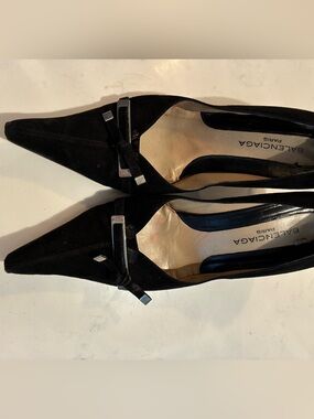 Balenciaga Black Pointed Toe Suede Heels with Bow Accent